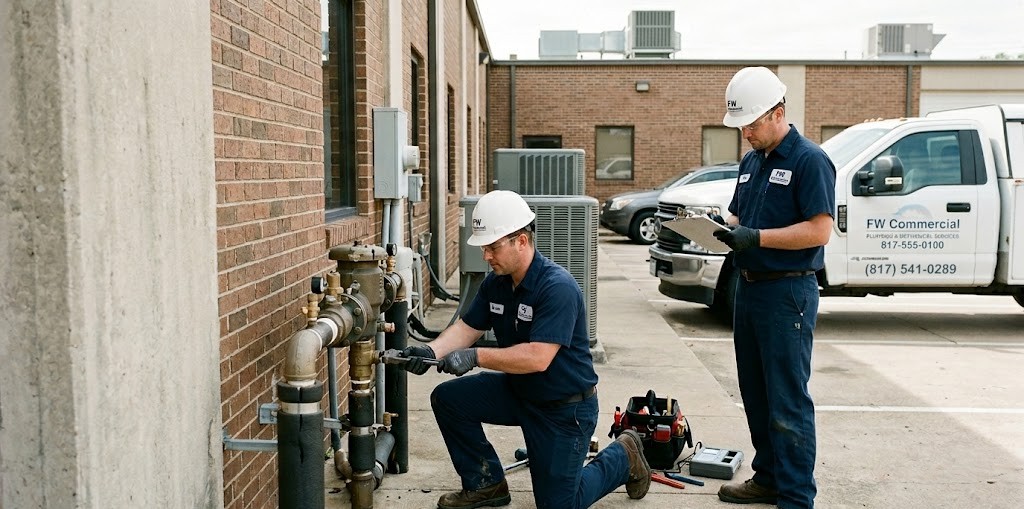 Commercial plumbers reviewing blueprints